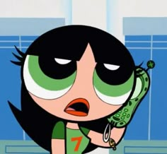 a cartoon character holding a cell phone in one hand and looking at the camera with an evil look on her face