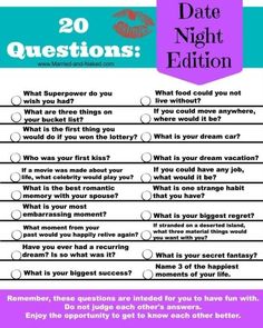 Deepen your connection with Date Night Questions For Married Couples. Fun free printable of date night quiz. #DateNightQuestions #MarriedLife #LoveAndCommunication #CouplesBonding #MarriageGoals #QualityTime #RelationshipBuilding #LoveInQuestions Questions For Married Couples, Date Night Questions, Colors Show, Fun Conversation Starters, 20 Questions, Dating Questions, Dating After Divorce, Marriage Tips, A Question