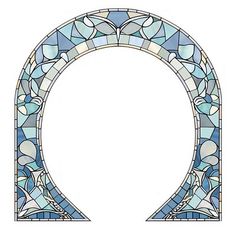 the letter o is made up of blue and white stained glass pieces with geometric designs