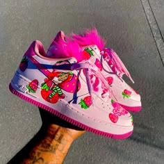 Strawberry Shortcake Air Force Ones Strawberry Nike Shoes, Customized Air Forces, Customize Jordans, Strawberry Shortcake Shoes, Custom Dunks Low, Custom Air Force 1 Pink, Customized Nikes, Custom Shoes Air Force, Custom Shoes Design