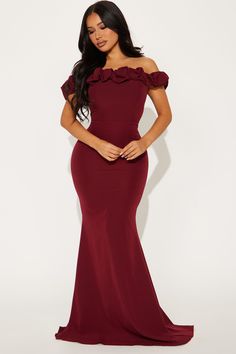 Available In Olive And Wine. Maxi Gown Off Shoulder Ruffle Trim Padded Bra Cups Hidden Back Zipper Lined Slight Stretch Self: 97% Polyester 3% Spandex Lining: 100% Polyester Imported | Daisy Off Shoulder Maxi Dress in Wine size Large by Fashion Nova Gown Off Shoulder, Off Shoulder Maxi Dress, Maxi Gown, Maxi Gowns, Padded Bra, Padded Bras, Jeans Jumpsuit, Bra Cups, Matching Dresses