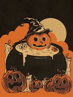 an orange and black halloween poster with pumpkins in front of a witch's caulder