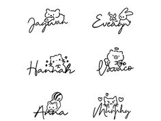 six handwritten stickers with the words hello kitty, happy birthday and other animals