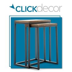 two metal and wood nesting tables with the words clickdecor on it in blue background