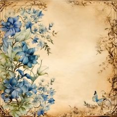 an old paper with blue flowers on it