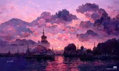 a painting of the sky and clouds over a city at sunset with boats in the foreground