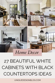 beautiful white cabinets with black countertops are featured in this collage for the home decor