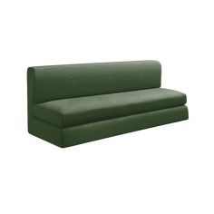 a green couch sitting on top of a white floor