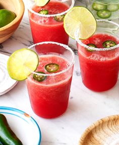 three glasses filled with watermelon and lime juice