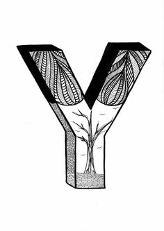 a black and white drawing of the letter y with an abstract tree in it's center