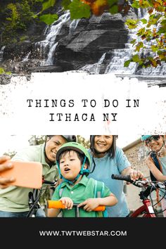 three people and a child are standing in front of a waterfall with the words things to do in itagany