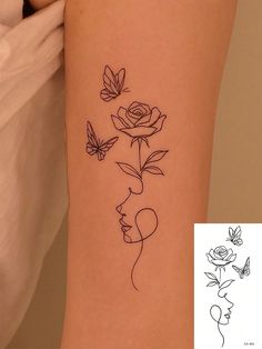 a woman's arm with flowers and butterflies on it, next to a drawing of a face