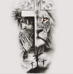 a drawing of jesus and a lion on the cross