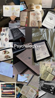 a collage of photos with books and papers