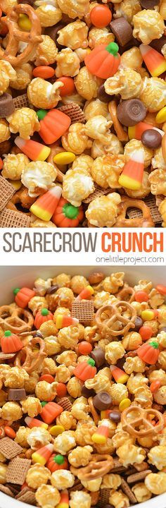 this is an image of a bowl full of candy corn and carrots with the words scarecrow crunch on it