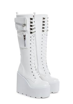 will have ya winnin' every battle. These knee high boots have a vegan leather construction, treaded wedge platform soles, zippered stash pockets on the sides, adjustable laces, and side zip closures. Cute White Boots, White Boots Platform, Cheap Platform Boots, Thigh High Boots White, Platform Knee High Boots, Tall White Boots, White High-top Platform Boots, Clear Platform Boots, Knee-high Synthetic Platform Boots For Streetwear