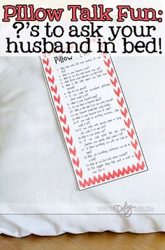 a pillow that is sitting on top of a bed with the words pillow talk fun? it's to ask your husband in bed