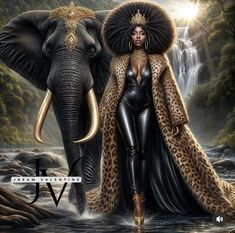 an image of a woman standing in the water next to an elephant with large tusks