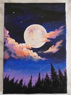 an acrylic painting of a full moon in the night sky with clouds and trees