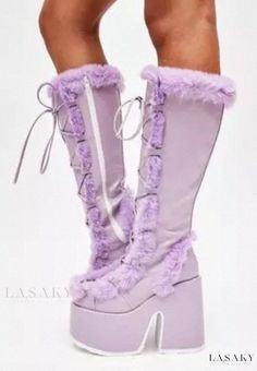 Lasaky - Chic High-Heel Platform Evening Faux Fur Knee-High Boots Casual Outfit Winter, Boots Elegant, High Platform Boots, Lace High Heels, Chic High Heels, Fur Heels, Rough Heels, Basic Boots, Boots High