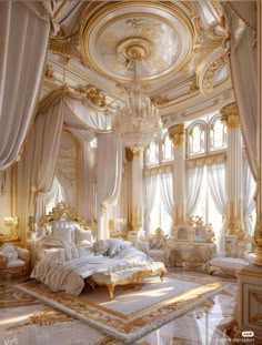 a fancy bedroom with white and gold decor