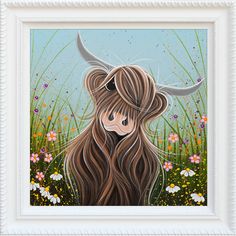 a painting of a long haired cow with horns on it's head and flowers in the background