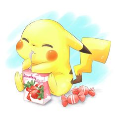 a drawing of a pikachu holding a box of strawberries