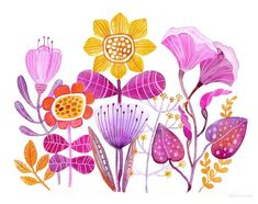 a painting of flowers and leaves on a white background with pink, yellow, orange and purple colors