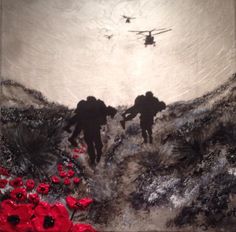 two soldiers walking up a hill with red poppies in the foreground and a helicopter flying overhead