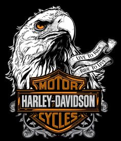 the harley davidson logo with an eagle on it's head and ribbon around its neck