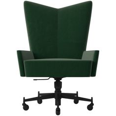 a green office chair with casteors and wheels on an isolated white background, viewed from the front