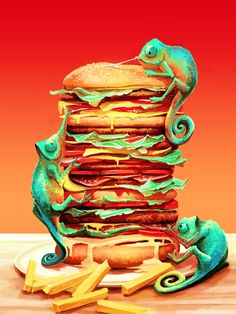 a stack of food with two chamelons on top and one in the middle