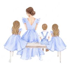 a watercolor drawing of three children sitting at a table with their mother and two younger ones