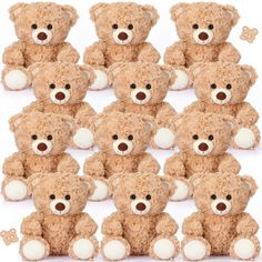 a bunch of brown teddy bears sitting next to each other