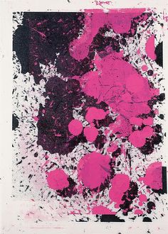 an abstract painting with pink and black paint splattered on it's surface