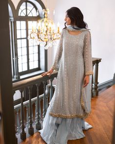 Long Shirt With Sharara Weddings, Long Sharara Suits, Sharara Shirt Designs, Long Shirt With Crushed Sharara, Sharara Designs Pakistani Dresses, Blue Sharara Outfit, Long Shirt With Sharara, Pastel Color Clothes, Light Blue Sharara