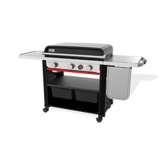 an outdoor grill with two burners and one side door open on a white background