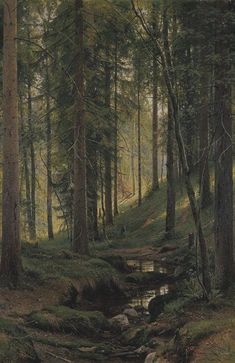 a painting of a stream running through a forest