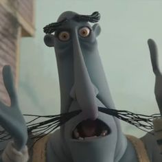 an animated character with his mouth open and two hands up in the air, while another person holds out their fingers