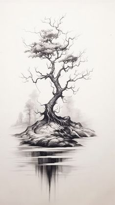 an ink drawing of a tree in the water