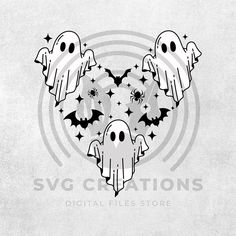 three ghost heads in the shape of a heart with stars and bats around them on a gray background