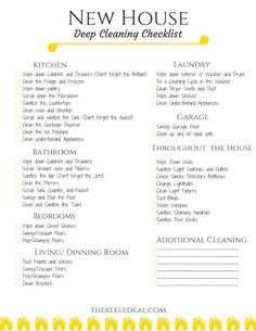 the new house cleaning checklist is shown in yellow and white, with an orange border