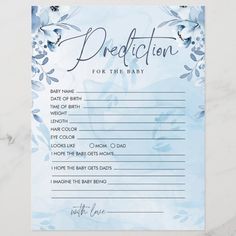 a blue floral baby shower game with the words dedication for the baby written on it