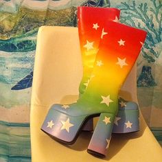 This Is A Brand New Pair Of Platform Boots That Have Beautiful Rainbow Coloring With Sparkly Silver Stars On Them. They Have A Rounded Block Heel, Have Never Been Worn, & Are Drop-Dead Gorgeous Boots!! Multicolor Platform Boots For Parties, Party Platform Multicolor Boots, Multicolor Platform Boots With Synthetic Material, Multicolor High-top Platform Boots, Rainbow Platform Boots, Star Boots, Rainbow Star, Kid Core, Beautiful Rainbow