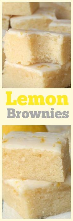 lemon brownies stacked on top of each other with the words lemon brownies above them