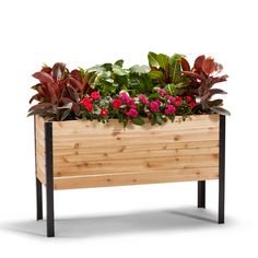 a wooden planter filled with lots of green and red flowers on top of a white background