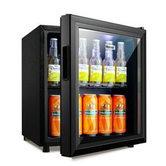 an image of a mini fridge with drinks in it's display case on white background