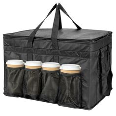 four coffee cups in a black bag with handles and zippers on the side,