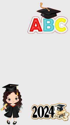 a girl in graduation cap and gown standing next to a sign that says abcc