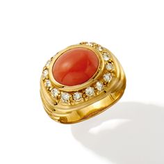 Ross-Simons - C. 1980 Vintage Red Coral Ring, .80ct t. w. Diamonds in 18kt Yellow Gold. Size 5.5. C. 1980. Bold color and classic sparkle come together in this captivating Estate collection ring. At the center, a glossy 12x9mm oval red coral cabochon catches the eye, as .80 ct. t. w. round brilliant-cut diamonds form a bright, beautiful border. Set in polished 18kt yellow gold. 5/8" wide. Diamond and red coral ring. Exclusive, one-of-a-kind Estate Jewelry. Coral Jewelry Vintage, Red Coral Ring, Coral Ring, Coral Jewelry, Bold Color, Red Coral, Round Brilliant Cut Diamond, Round Brilliant Cut, Estate Jewelry